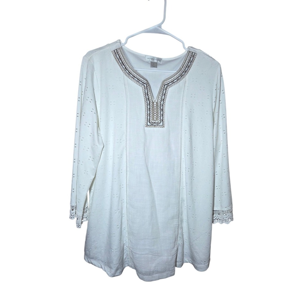 Christopher & Banks White Embroidered 3/4-Sleeve Crochet Boho Top XL